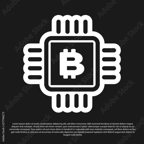 Black CPU mining farm icon isolated on black background. Bitcoin sign inside microchip. Cryptocurrency mining community. Digital money. Vector Illustration