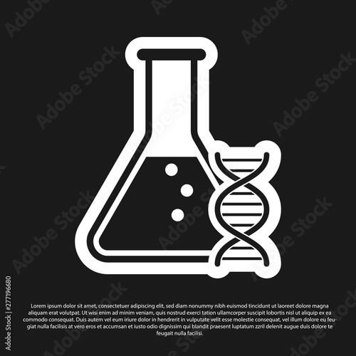 Black DNA research, search icon isolated on black background. Genetic engineering, genetics testing, cloning, paternity testing. Vector Illustration