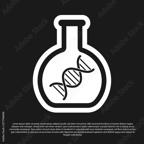 Black DNA research, search icon isolated on black background. Genetic engineering, genetics testing, cloning, paternity testing. Vector Illustration