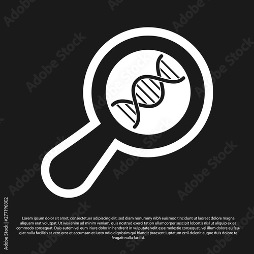 Black DNA research, search icon isolated on black background. Magnifying glass and dna chain. Genetic engineering, cloning, paternity testing. Vector Illustration