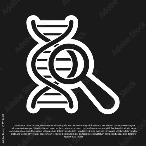 Black DNA research, search icon isolated on black background. Magnifying glass and dna chain. Genetic engineering, cloning, paternity testing. Vector Illustration