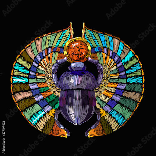 Egyptian scarab. Embroidery antique jewelry. Gold bug. Ancient Egypt art. Fashion template for clothes, t-shirt design