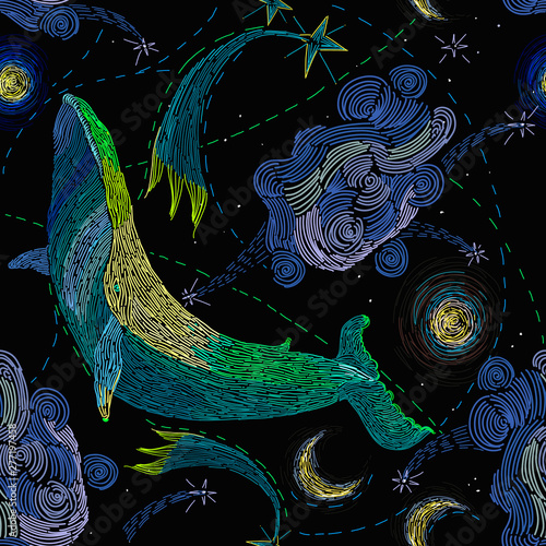 Embroidery, blue whales float in universe among stars. Symbol of imagination and dreams. Modern fashion seamless pattern template for clothes, tapestry, t-shirt design. Astrology illustration