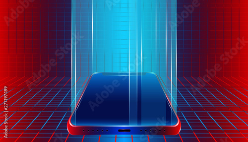 futuristic luxury smartphone lighting for show or display your product and items. mobile blank stand design with plaid industry colorful background style. vector illustration eps10