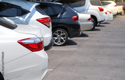 Closeup of rear, back side of white car with other cars parking in parking lot in bright sunny day. 