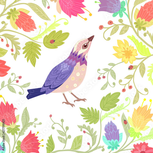 floral invitation card with pretty bird for your design