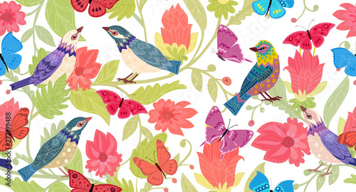 floral seamless texture with pretty birds for your design