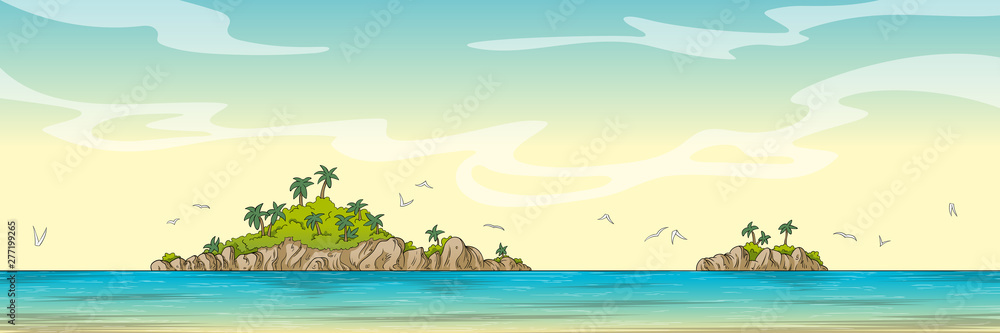 Panorama landscape with two islands. Hand drawn vector illustration with separate layers.