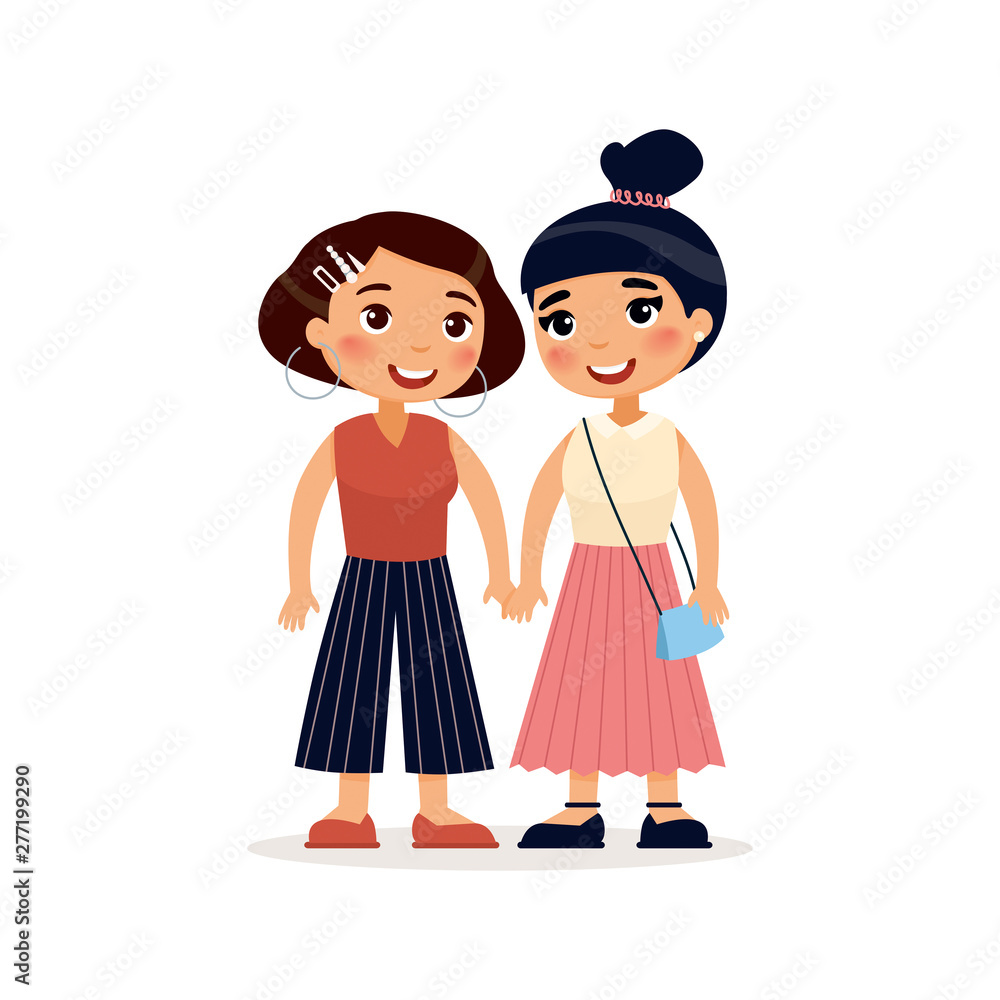 Two young a lesbian couple or girlfriends holding hands. Funny cartoon  character. Vector illustration. Isolated on white background Stock Vector |  Adobe Stock
