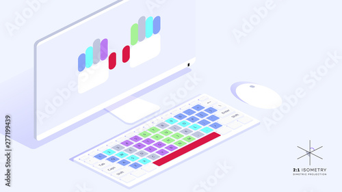 Isometric vector illustration. Educational material that shows how to type faster. Fast typing concept.