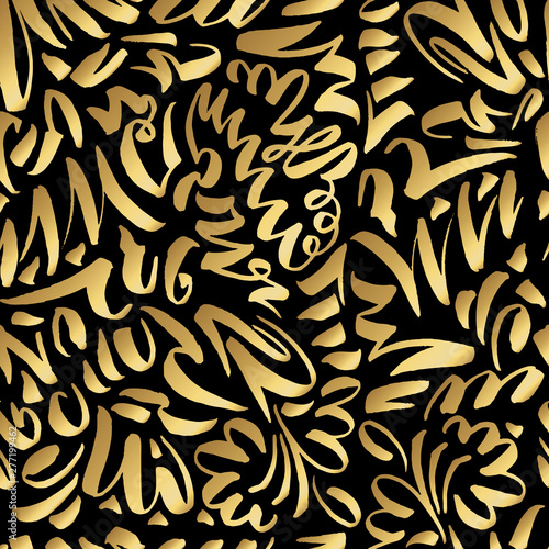 Golden Seamless Pattern with Slavonic Gold Calligraphy Brush Strokes. Black and White Colors for Fabric Textile Surface Design