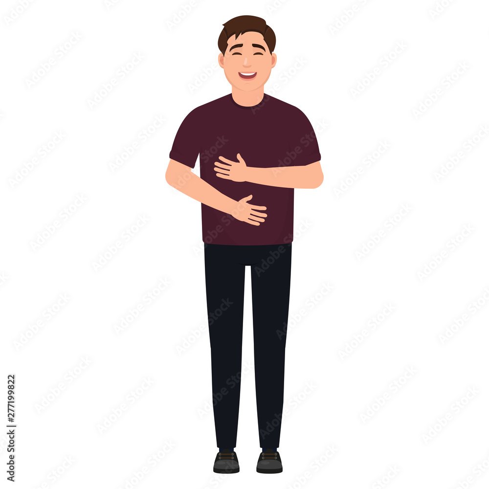 The guy laughs and holds hands on his stomach, happy man, cartoon character vector illustration