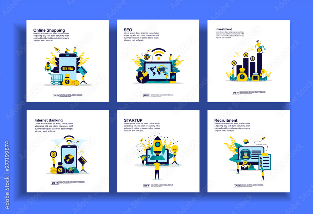 Set of modern flat design templates for Business, online shopping, seo, investment, internet banking, startup, recruitment. Easy to edit and customize. Modern Vector illustration concepts for business Set of modern flat design templates for Business, online shopping, seo, investment, internet banking, startup, recruitment. Easy to edit and customize. Modern Vector illustration concepts for business