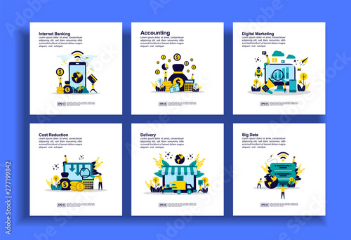 Set of modern flat design templates for Business, internet banking, accounting, digital marketing, cost reduction, delivery, big data. Easy to edit and customize