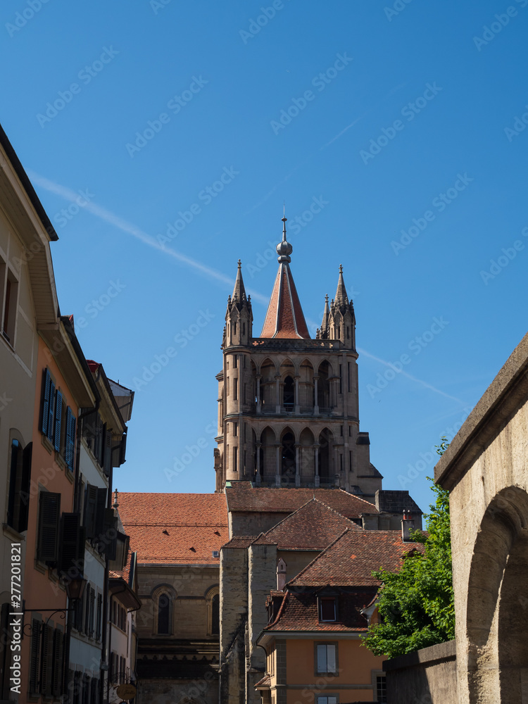 Fototapeta premium The Cathedral of Notre Dame of Lausanne is a church located in the city of Lausanne, in the canton of Vaud in Switzerland. It belongs to the Evangelical Reformed Church of the Canton of Vaud.