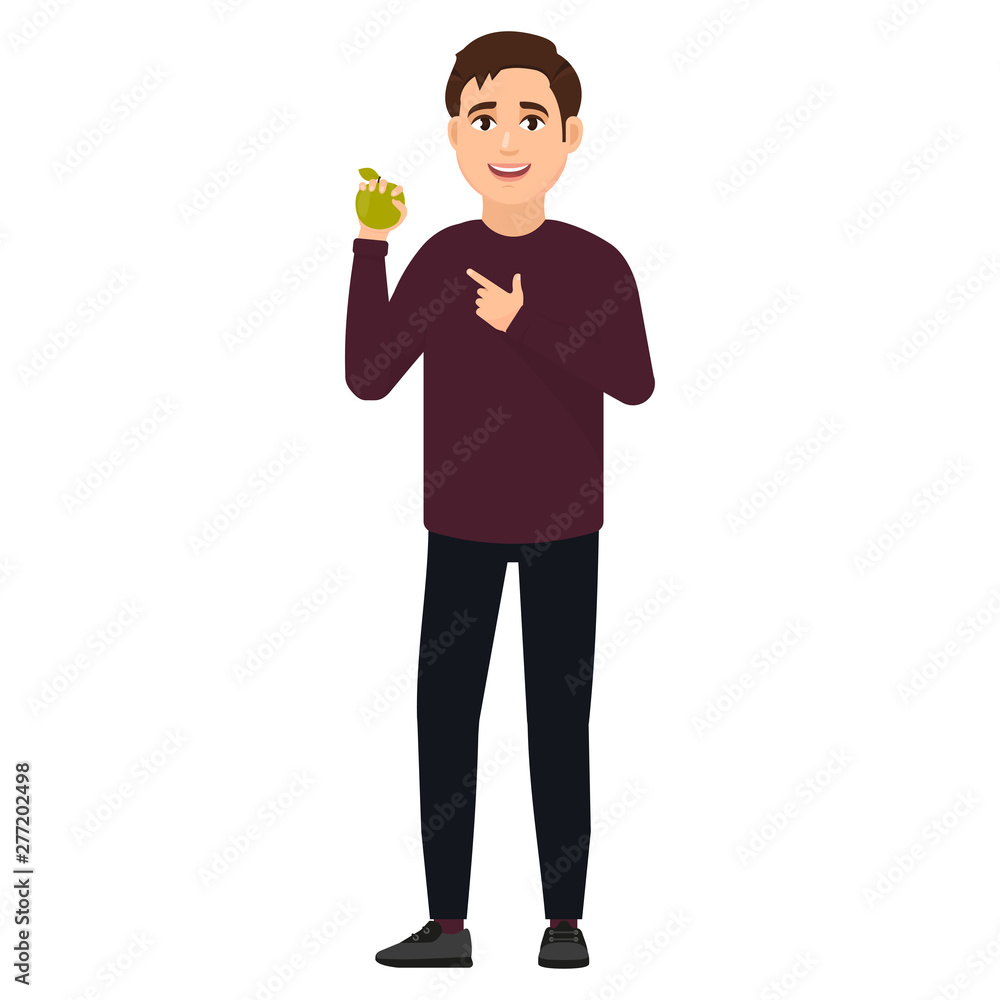 The guy holds a green apple and shows on it a finger, cartoon character vector illustration The guy holds a green apple and shows on it a finger, cartoon character vector illustration
