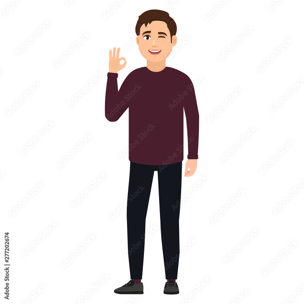 Happy young guy winks and shows gesture okay, cartoon character vector illustration Happy young guy winks and shows gesture okay, cartoon character vector illustration