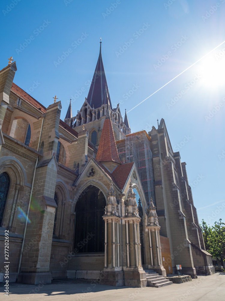 Fototapeta premium Lausanne, Switzerland - Jun 1st 2019: The Cathedral of Notre Dame of Lausanne is a church located in the city of Lausanne, in the canton of Vaud in Switzerland.