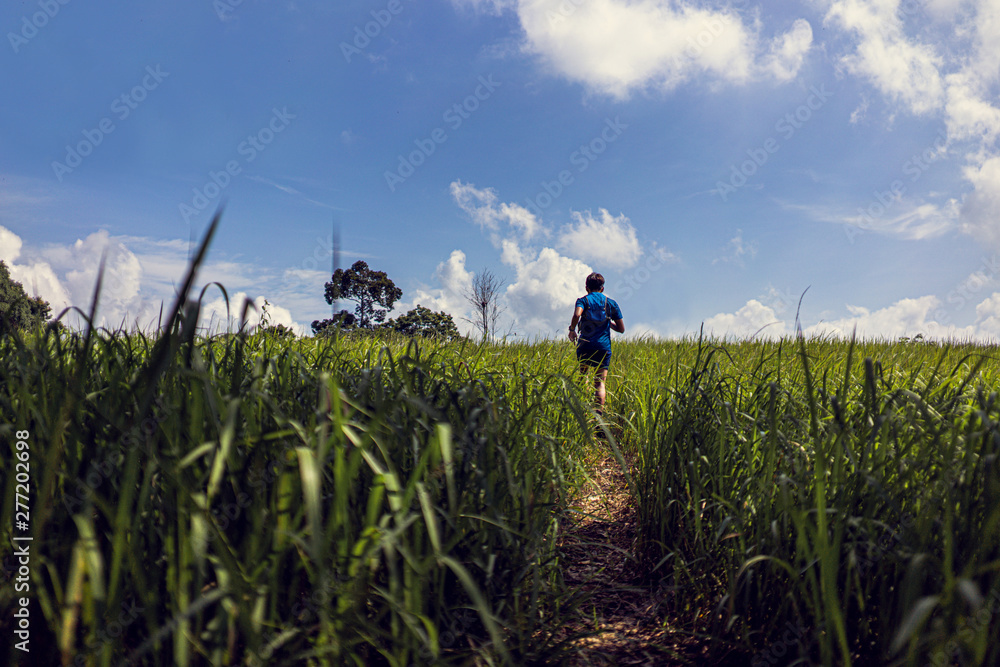 Asian men are running a trail In the natural path Asian men are running a trail In the natural path