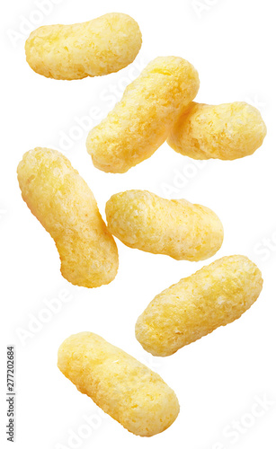 Falling delicious sweet corn sticks, isolated on white background