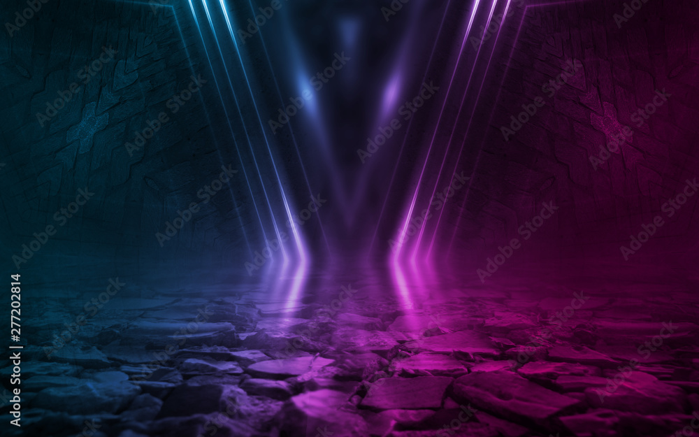 Obraz premium Empty background scene. Dark street reflection on wet asphalt. Rays of neon light in the dark, neon figures, smoke. Background of empty stage show. Abstract dark background.