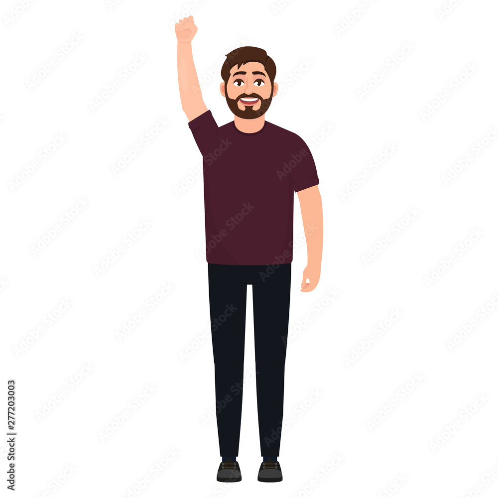 Happpy bearded man with fist raised up, guy shows protest gesture, cartoon character vector illustration Happpy bearded man with fist raised up, guy shows protest gesture, cartoon character vector illustration