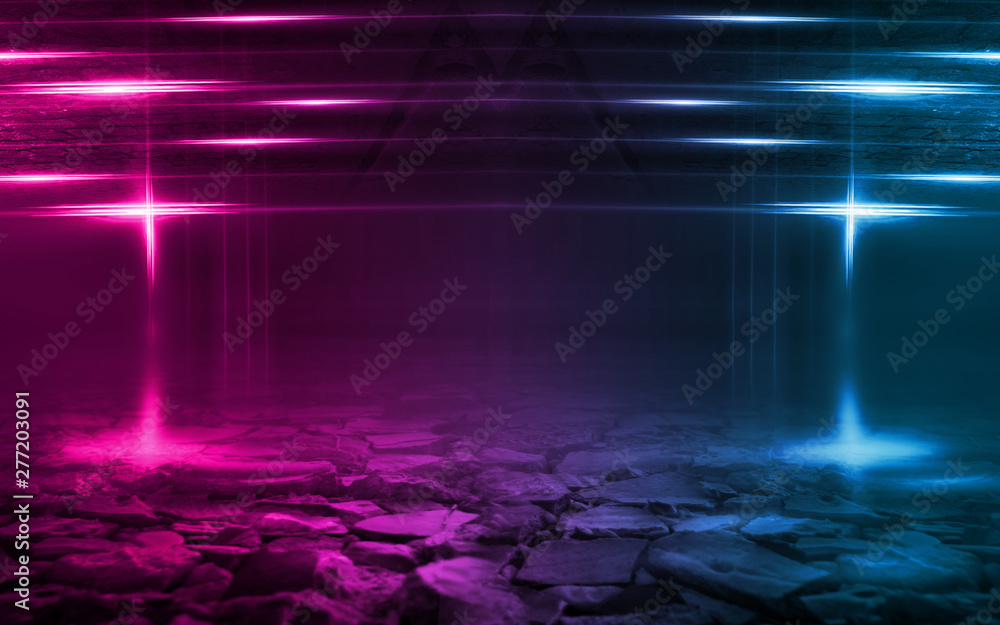 Empty background scene. Dark street reflection on wet asphalt. Rays of neon light in the dark, neon figures, smoke. Background of empty stage show. Abstract dark background. Empty background scene. Dark street reflection on wet asphalt. Rays of neon light in the dark, neon figures, smoke. Background of empty stage show. Abstract dark background.