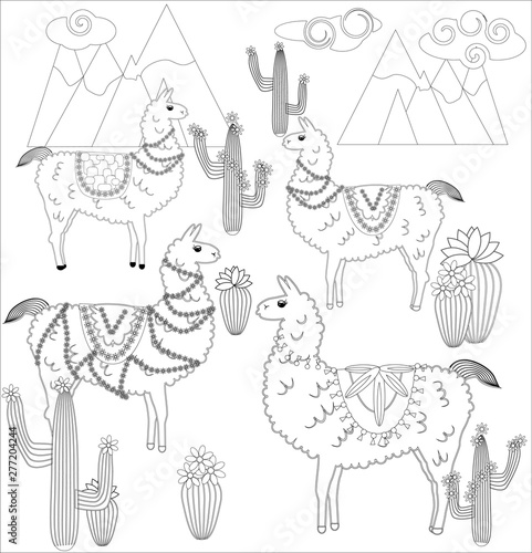 Coloring page of cartoon lama.  illustration  coloring book for kids.