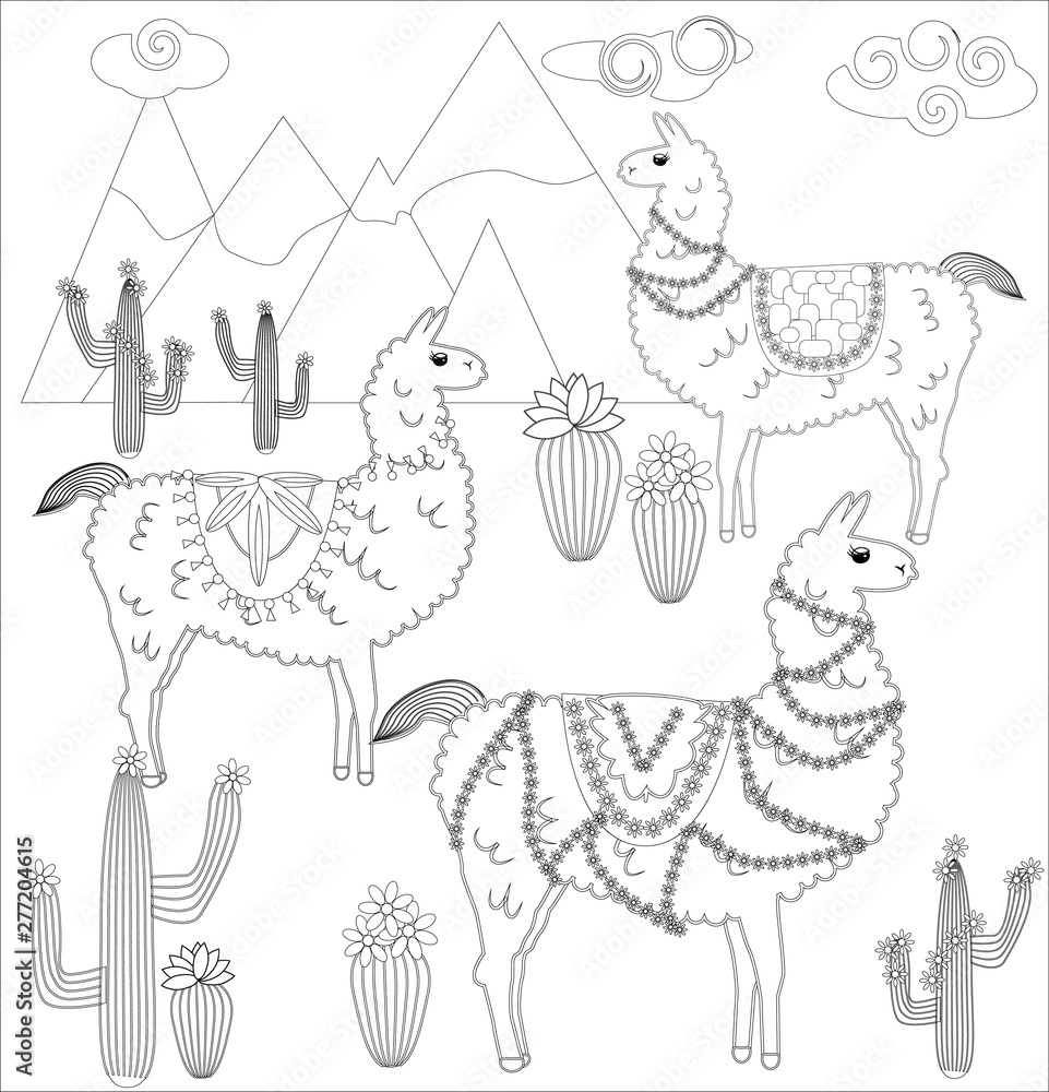  Coloring page of cartoon lama. illustration, coloring book for kids Illustration 