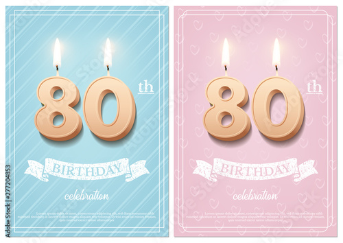 Burning number 80 birthday candles with vintage ribbon and birthday celebration text on textured blue and pink backgrounds in postcard format. Vector vertical eightieth birthday invitation templates.
