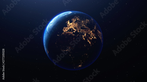 Fototapeta Naklejka Na Ścianę i Meble -  Earth planet viewed from space at night showing the lights of Europe  and other countries, 3d render of planet Earth, elements of this image provided by NASA