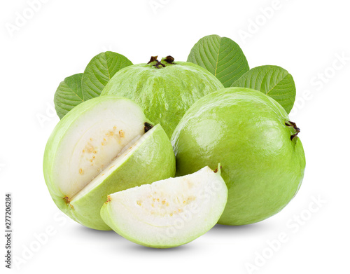 Guava fruit with leaf isolated on white background