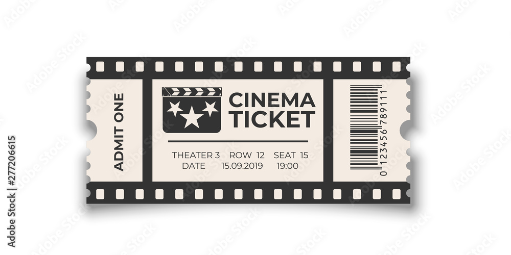 White cinema ticket with barcode template isolated on white background. Vector design element. - obrazy, fototapety, plakaty 