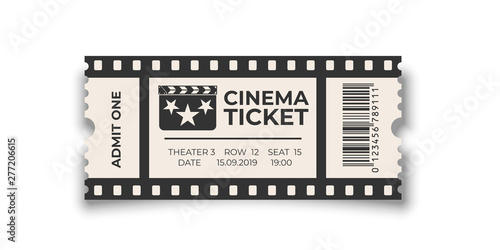 White cinema ticket with barcode template isolated on white background. Vector design element. photo