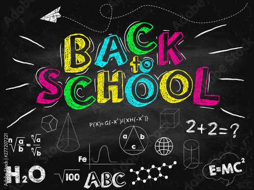Back to school banner. Black school board with inscriptions. Vector illustration.