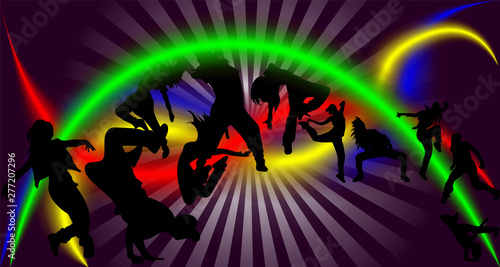 Bright and stylish vector illustration of dancing young people.