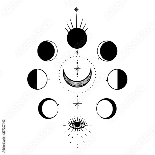 Circle of a phase of the moon. Sacred geometry. Vector illustration isolated on a white background. Print, potser, t-shirt, card.