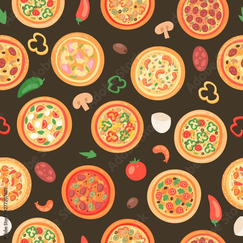 Pizza house with ingredients and different types seamless pattern vector illustration. Premium pie with sausage, cheese, vegetable, seafood and mashrooms. Tasty fast food.