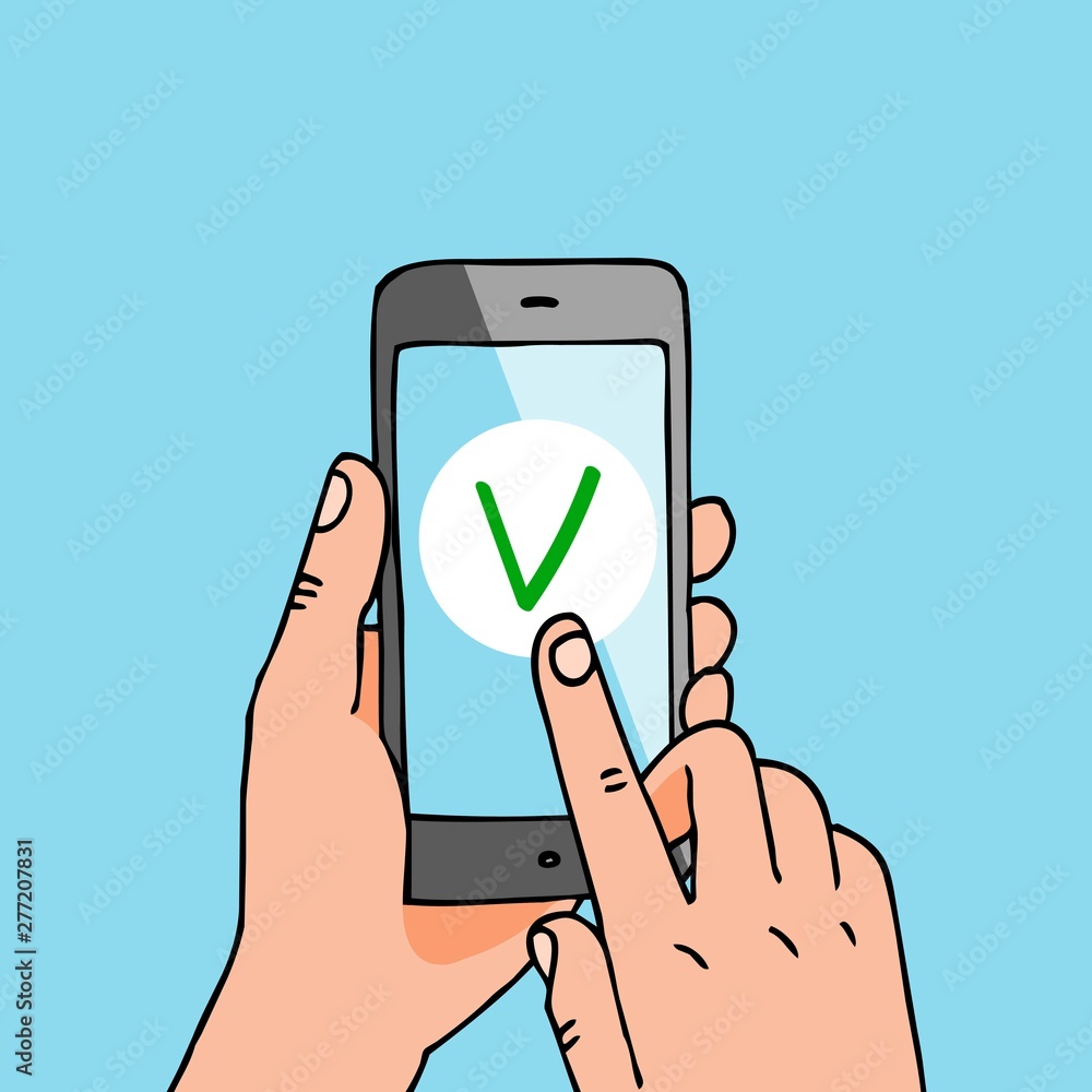 Smartphone payment banner vector illustration. Hands holding mobile phone. Quick money transfer. Business purchasing. E-wallet. Confirmation of service. Green tick on screen.
