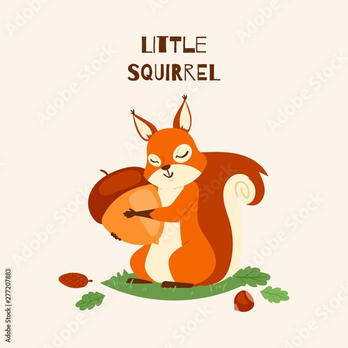 Squirrel little hugging acorn and standing on grass in forest banner vector illustration. Loving nuts. Animal likes eating food. Cute, lovely character. Forest. Falling leaves.