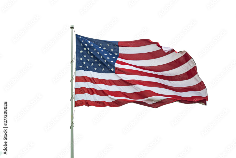 United States flag on a pole waving isolated on white background. United States flag on a pole waving isolated on white background.