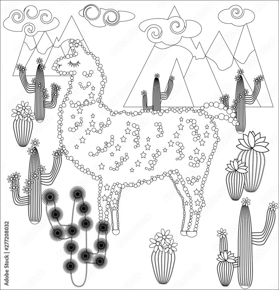  Coloring page of cartoon lama. illustration, coloring book for kids 