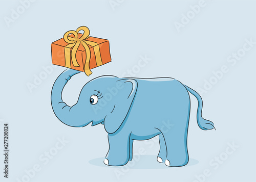 cute baby elephant holding a gift box with his trunk