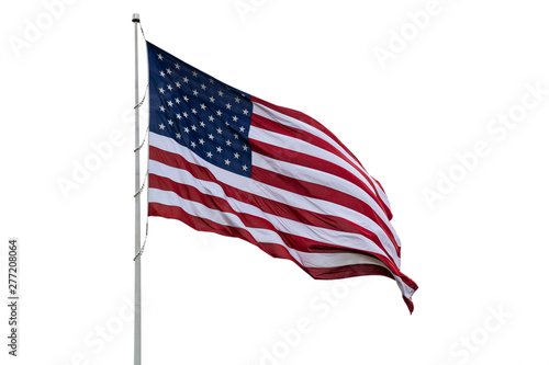 Fotografija United States flag on a pole waving isolated on white background.