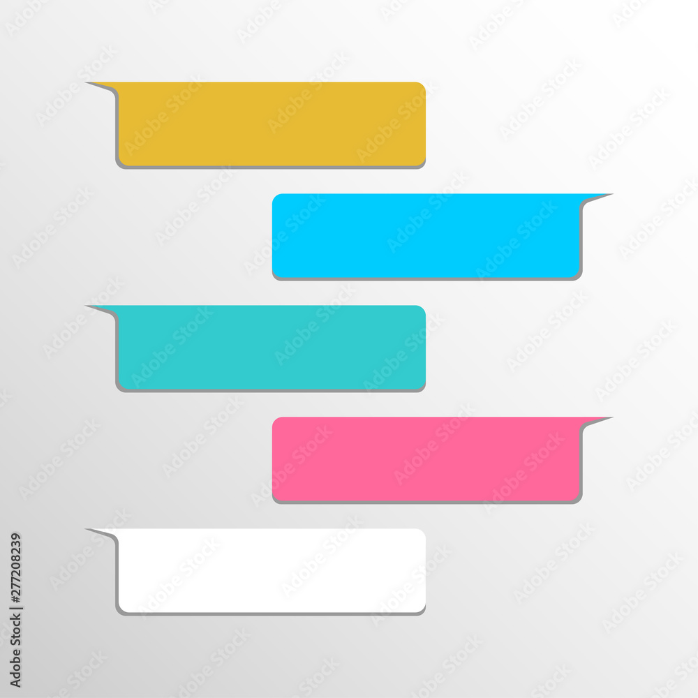 Group of objects variation chat bubble social network interface. Message in multicolored flat balloons with shadow isolated on a white background. Vector cell phone dialog illustration. Group of objects variation chat bubble social network interface. Message in multicolored flat balloons with shadow isolated on a white background. Vector cell phone dialog illustration.