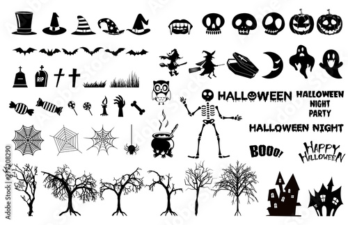 Set of halloween silhouettes icon., witch, creepy and spooky elements for halloween decorations, silhouettes, sketch, icon, sticker.
