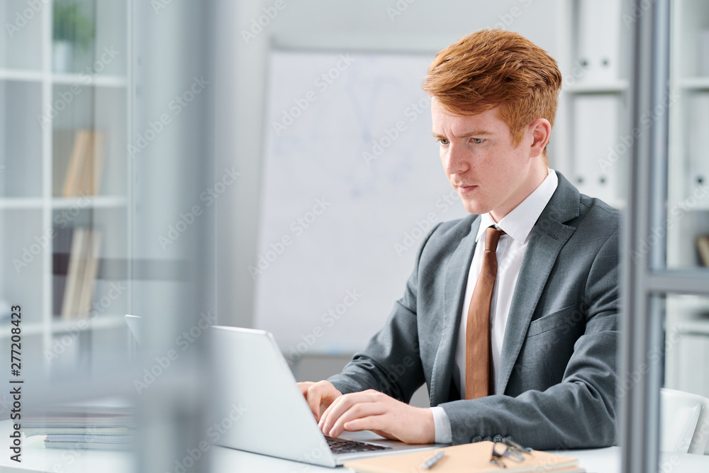Young serious financial expert looking at online data