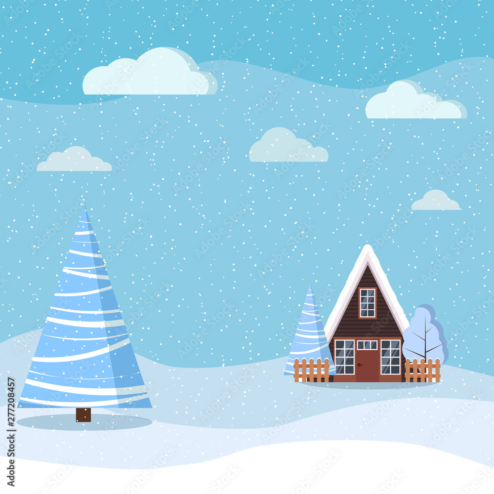 Winter landscape with a-frame country house, winter spruces, clouds, snow in cartoon flat style.