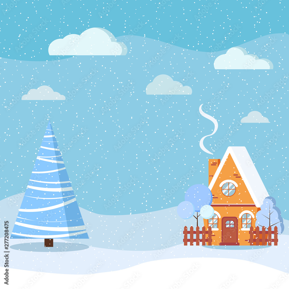 Winter landscape with country house, spruce, clouds, snow in cartoon flat style.