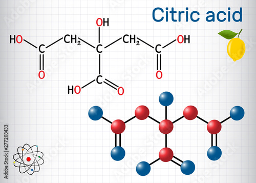 Citric acid molecule, is found in citrus fruits, lemons and limes. Is used as additive in food, cleaning agents, nutritional supplements